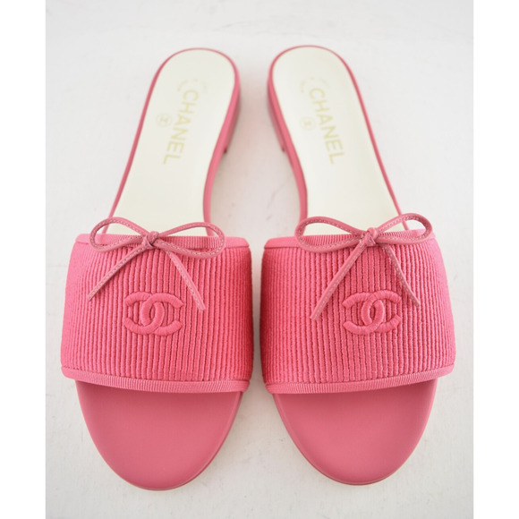 Chanel 24P Dark Pink Embroidered CC Logo Bow Tie Mule Slide Flat Sandal 37.5 - Picture 2 of 16